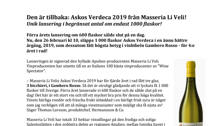 Masseria Li Veli Askos Verdeca 2019 – unik lansering i begränsat antal om endast 1000 flaskor! 