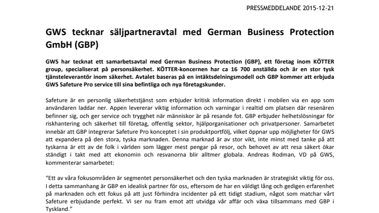 GWS tecknar säljpartneravtal med German Business Protection GmbH (GBP)