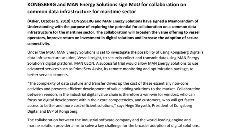 KONGSBERG and MAN Energy Solutions sign MoU for collaboration on common data infrastructure for maritime sector