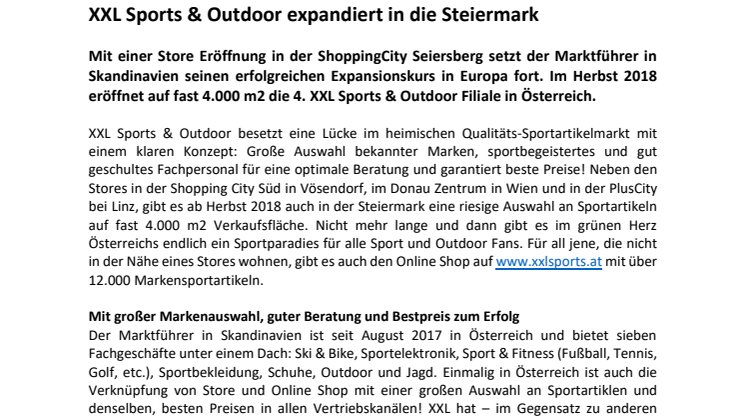 XXL Sports & Outdoor expandiert in die Steiermark