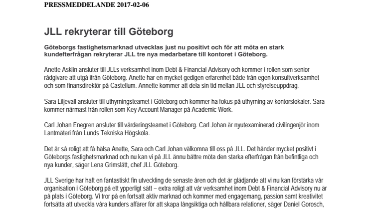 JLL rekryterar till Göteborg