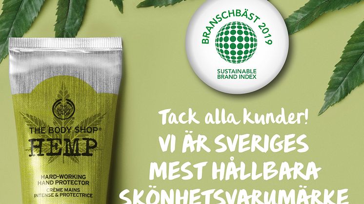 The Body Shop utsett till Sveriges mest hållbara varumärke inom skönhet, enligt Sustainable Brand Index årliga studie.