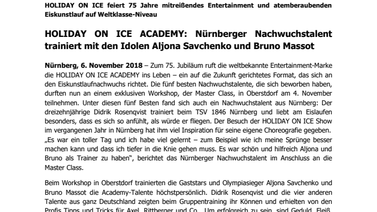 HOLIDAY ON ICE ACADEMY: Nürnberger Nachwuchstalent trainiert mit den Idolen Aljona Savchenko und Bruno Massot  