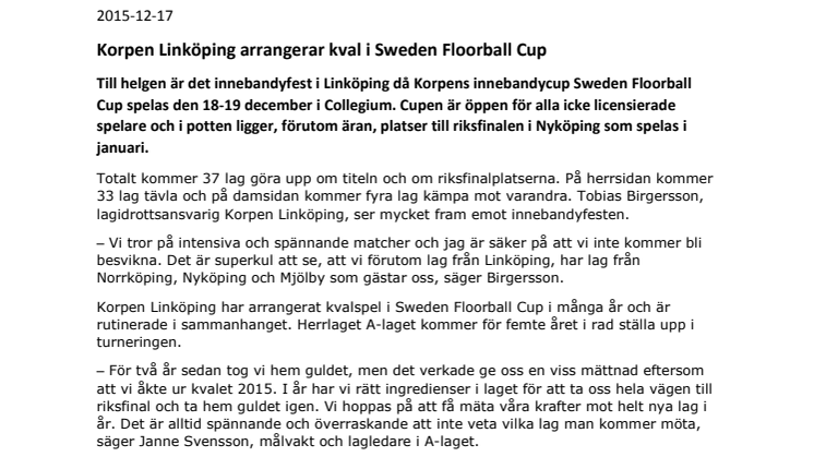 Korpen Linköping arrangerar kval i Sweden Floorball Cup