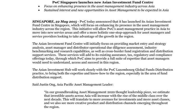 PwC Singapore launches new Asian Investment Fund Centre