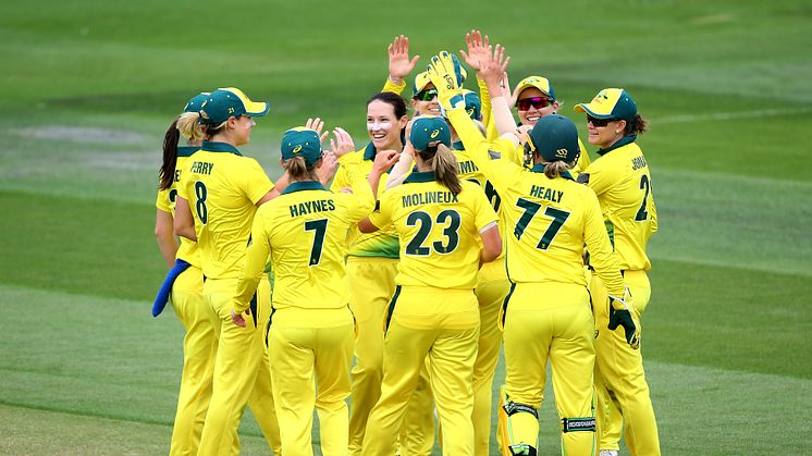 The visitors celebrate a wicket. Photo: Getty Images