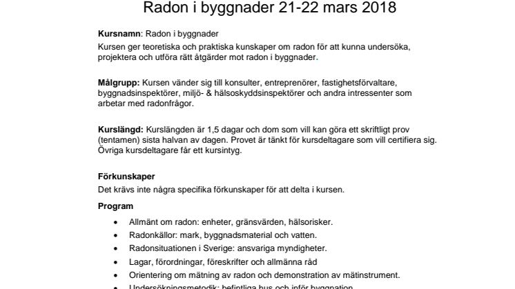 Radonkurs 21-22 mars i Uppsala - Sista anmälningsdag 28 februari!