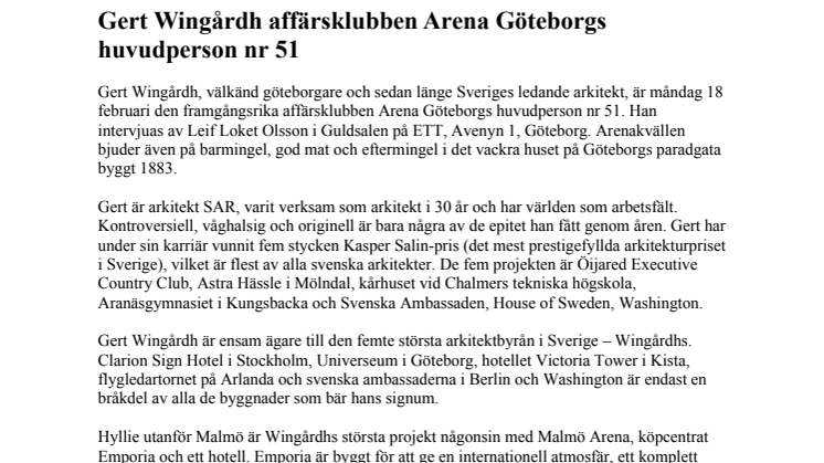 Gert Wingårdh affärsklubben Arena Göteborgs huvudperson nr 51 