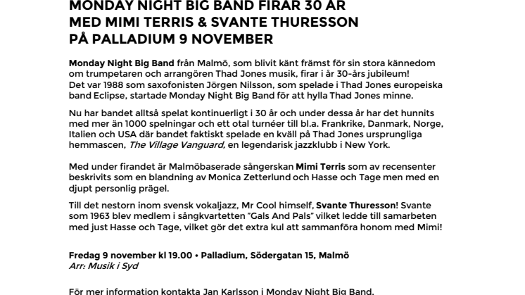 Monday Night Big Band firar 30 år med Mimi Terris & Svante Thuresson 9 november på Palladium Malmö
