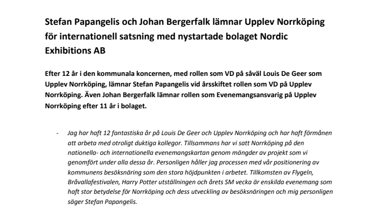 Stefan Papangelis och Johan Bergerfalk lämnar Upplev Norrköping för internationell satsning med nystartade bolaget Nordic Exhibitions AB
