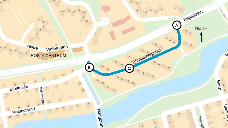 Ett körfält i Hagagatan stängs av vid korsningen markerad med A