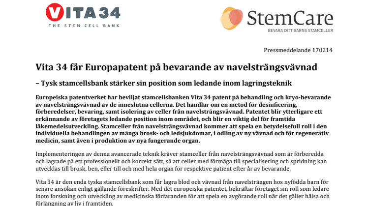 Vita 34 får Europapatent på bevarande av navelsträngsvävnad 