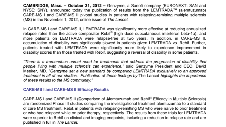 Genzyme Announces Publication of LEMTRADA (alemtuzumab) Pivotal Studies in The Lancet 