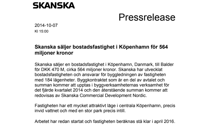 Skanska säljer bostadsfastighet i Köpenhamn för 564 miljoner kronor