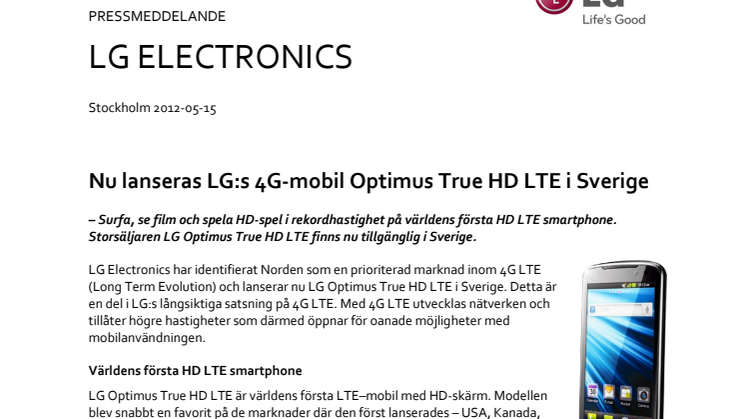 Nu lanseras LG:s 4G-mobil Optimus True HD LTE i Sverige