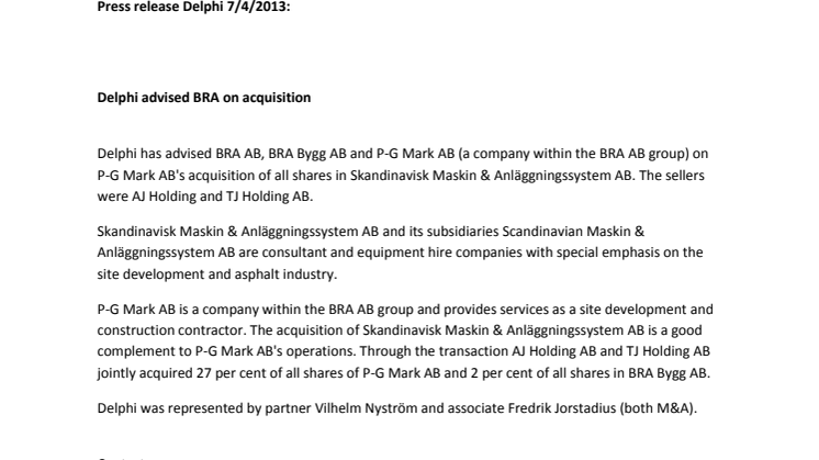 Delphi advised BRA on acquisition