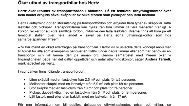 Ökat utbud av transportbilar hos Hertz