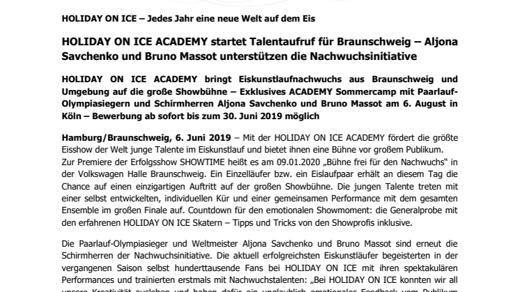HOLIDAY ON ICE ACADEMY startet Talentaufruf für Braunschweig – Aljona Savchenko und Bruno Massot unterstützen die Nachwuchsinitiative