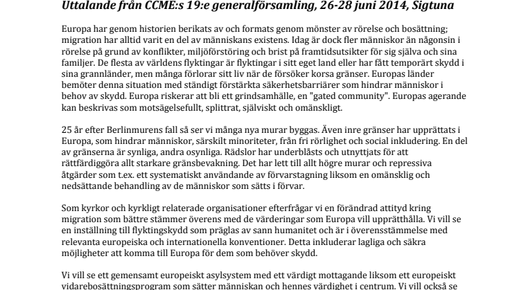 Uttalande från CCME:s 19:e generalförsamling om migration