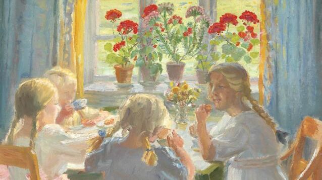 Anna Ancher- Småpiger til teselskab i Nordstuen i Anchers hus. Sign. A. Ancher 1919. Olie på lærred. 79 x 64. Vurdering- 800.000-1.200.000 kr.