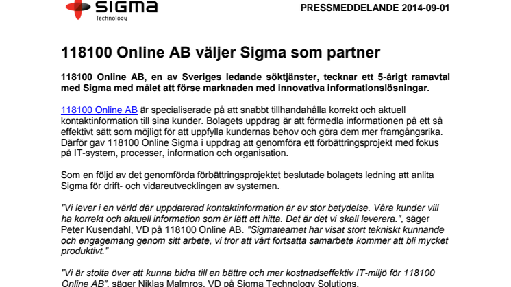 118100 Online AB chooses Sigma as a partner 