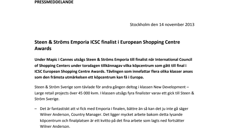 Steen & Ströms Emporia ICSC finalist i European Shopping Centre Awards