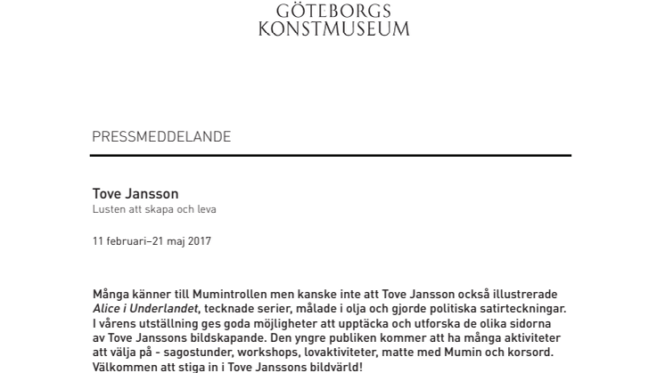 Stort program med aktiviteter för barn och unga i samband med utställningen om Tove Jansson på Göteborgs konstmuseum
