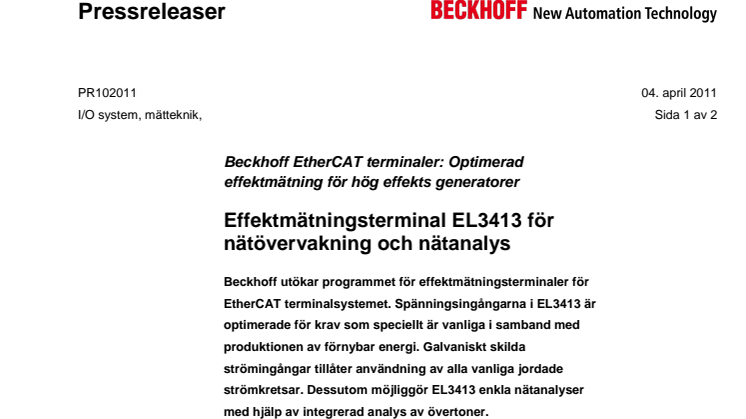Beckhoff's effektmätningsterminal EL3413 för nätövervakning och nätanalys