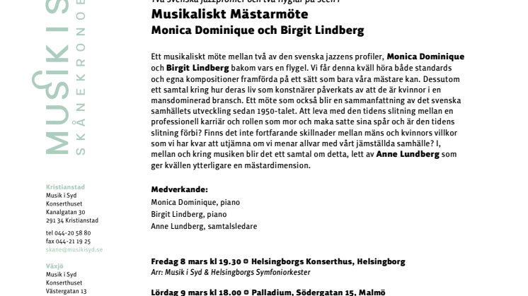 Musikaliskt Mästarmöte – Monica Dominique & Birgit Lindberg