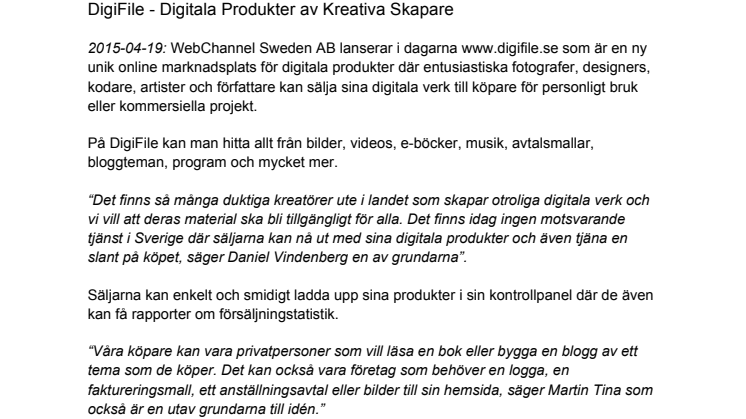 DigiFile.se - Ny marknadsplats på nätet för digitala produkter