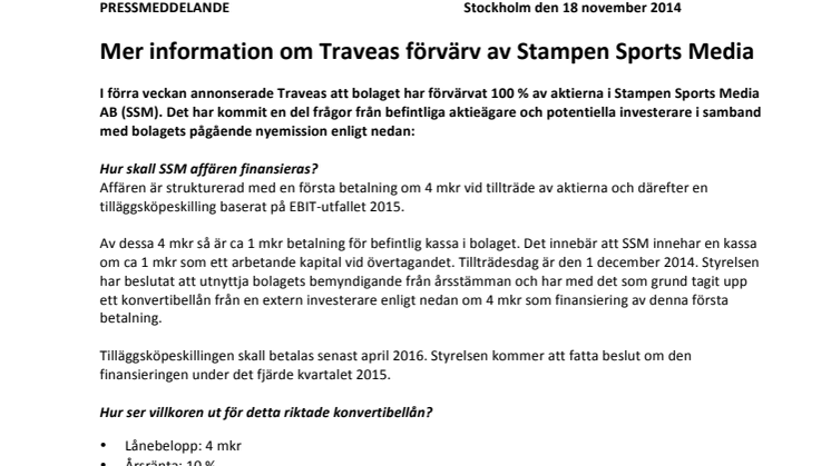Mer information om Traveas förvärv av Stampen Sports Media