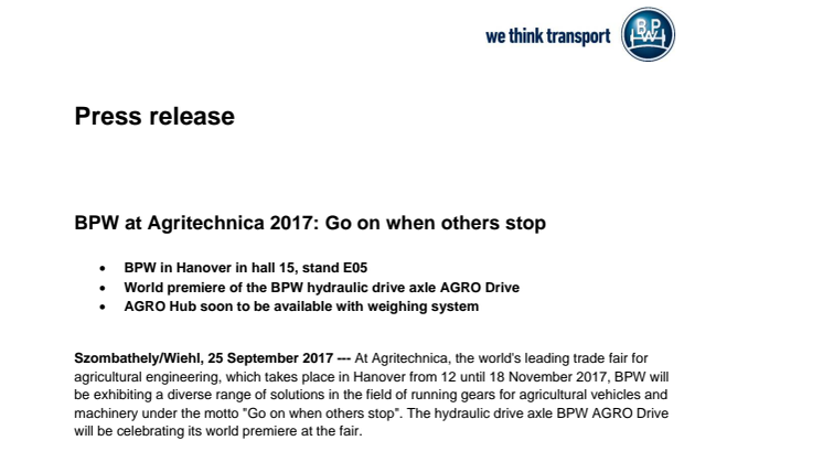 BPW at Agritechnica 2017: Go on when others stop