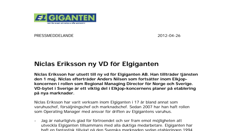 Niclas Eriksson ny VD för Elgiganten 