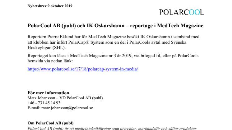 PolarCool AB (publ) och IK Oskarshamn – reportage i MedTech Magazine