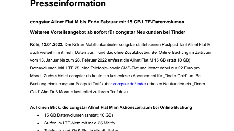 PDF: congstar Allnet Flat M bis Ende Februar mit 15 GB LTE-Datenvolumen