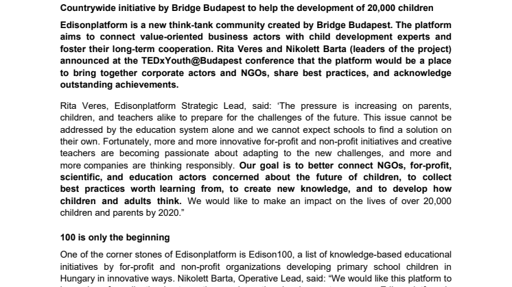 Countrywide initiative by Bridge Budapest to help the development of 20,000 children in Hungary