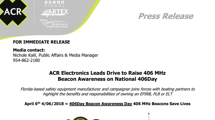 ACR Electronics Leads Drive to Raise 406 MHz  Beacon Awareness on National 406Day
