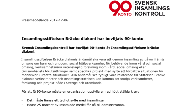 Insamlingsstiftelsen Bräcke diakoni har beviljats 90-konto