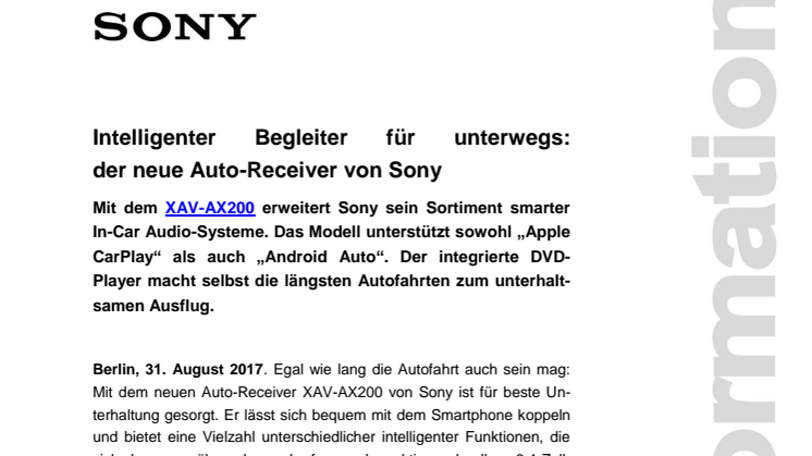 Intelligenter Begleiter für unterwegs:  der neue Auto-Receiver von Sony 