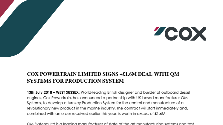Cox Powertrain: Cox Powertrain Limited Signs +£1.6M Deal With QM Systems For Production System