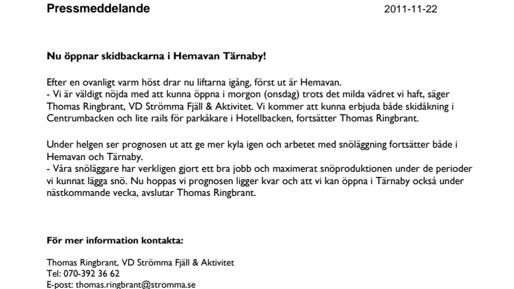Nu öppnar skidbackarna i Hemavan Tärnaby!
