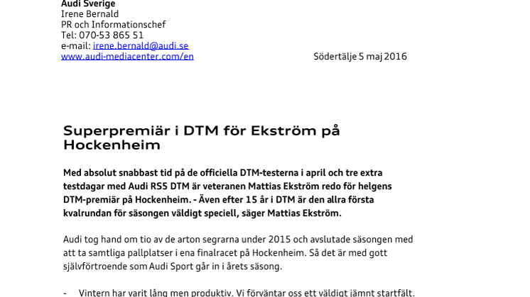 Superpremiär i DTM för Ekström på Hockenheim