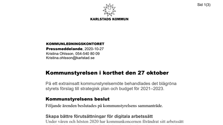 Kommunstyrelsen i korthet den 27 oktober