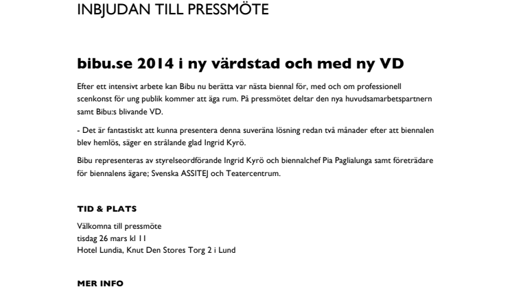 INBJUDAN TILL PRESSMÖTE: bibu.se 2014 i ny värdstad och med ny VD 