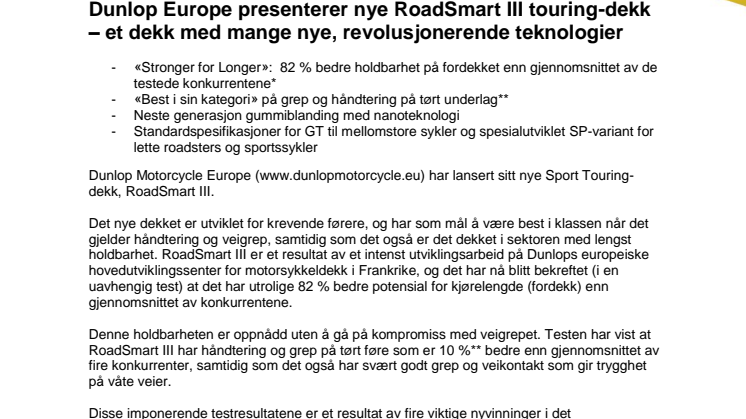 Dunlop Europe presenterer nye RoadSmart III touring-dekk – et dekk med mange nye, revolusjonerende teknologier 