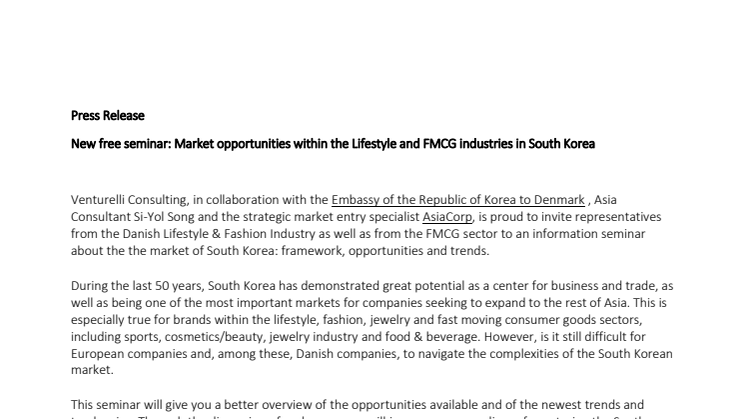 New free seminar: Market opportunities within the Lifestyle and FMCG industries in South Korea & the FTA