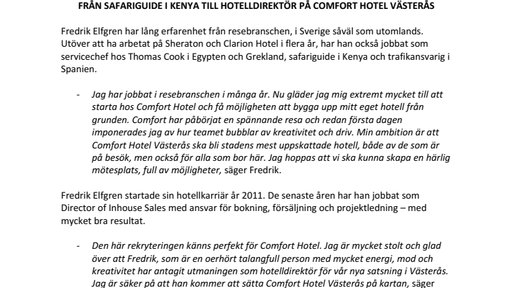 Från safariguide i Kenya till hotelldirektör på Comfort Hotel Västerås