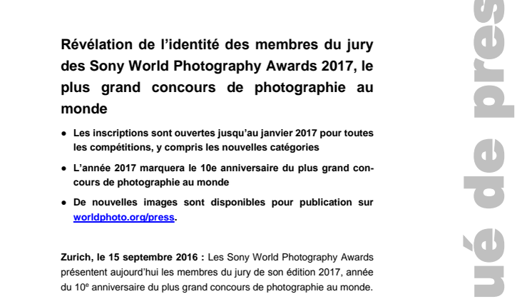 ​Révélation de l’identité des membres du jury des Sony World Photography Awards 2017, le plus grand concours de photographie au monde