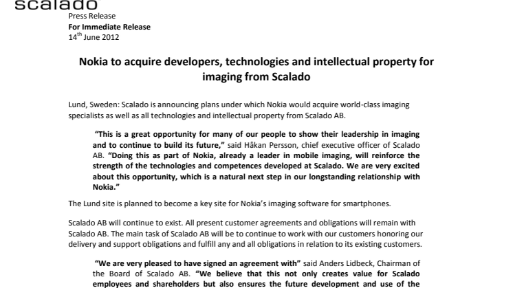 Nokia to acquire developers, technologies and intellectual property for imaging from Scalado