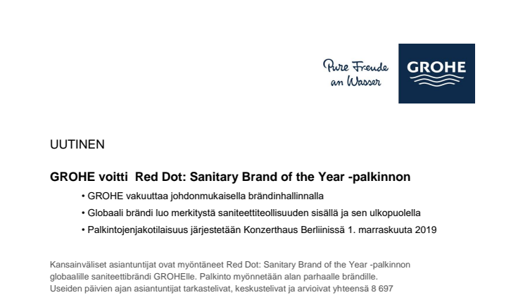  GROHE voitti  Red Dot: Sanitary Brand of the Year -palkinnon
